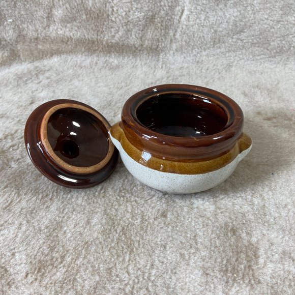 Vintage Stoneware Small Bean Pot in Tan and Brown Glaze - Picture 4 of 11